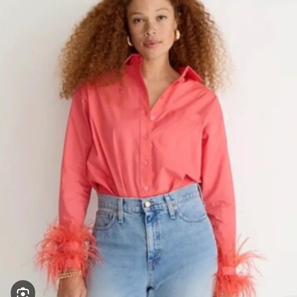 J Crew Collection Coral Feather-trim Cotton Poplin Button-up Shirt - Size 6